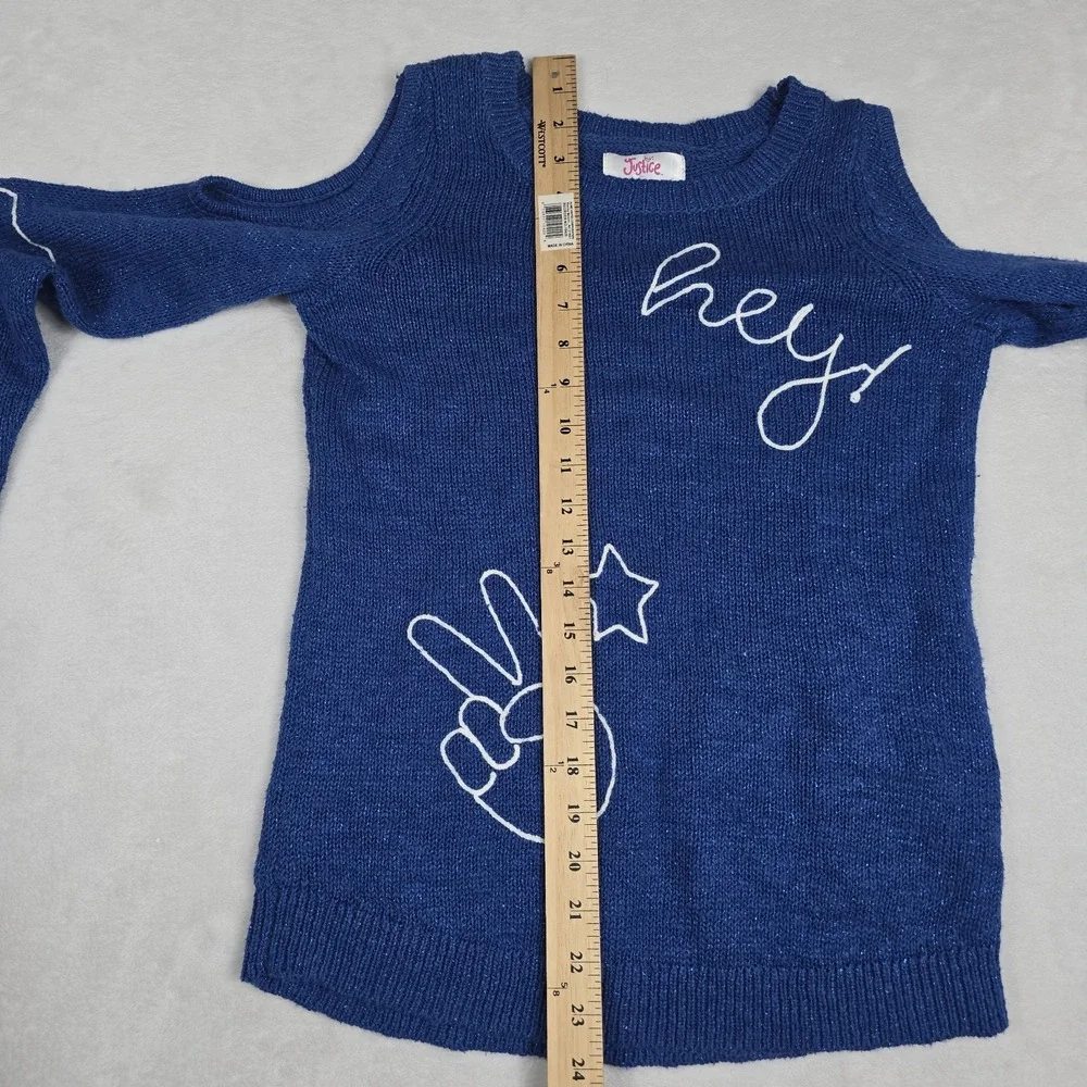 Justice Girls Blue Sparkle Cold Shoulder Graphic Sweater Size 16 Peace Star Hey